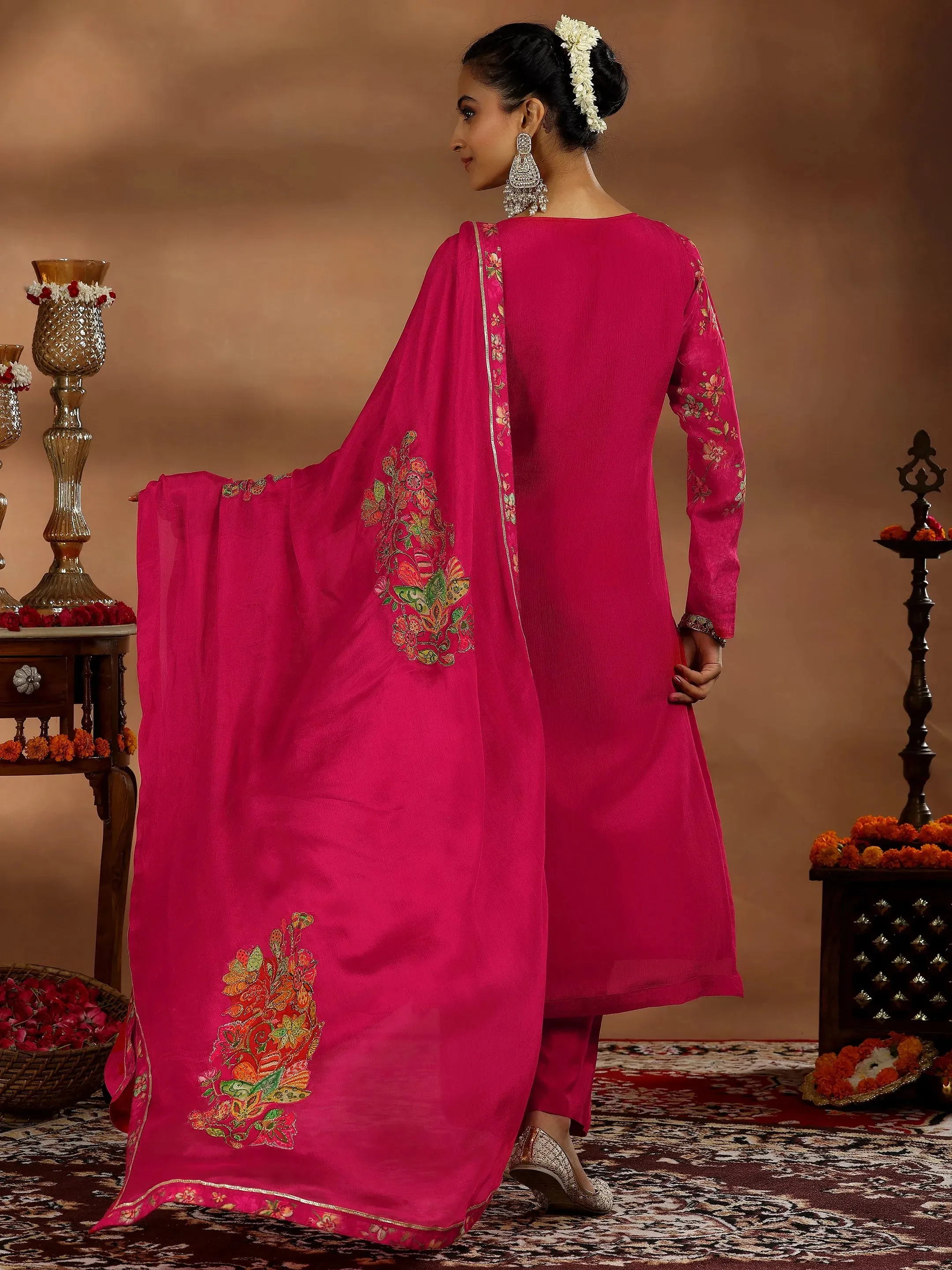 Coral Printed Silk Chiffon Straight Suit With Dupatta