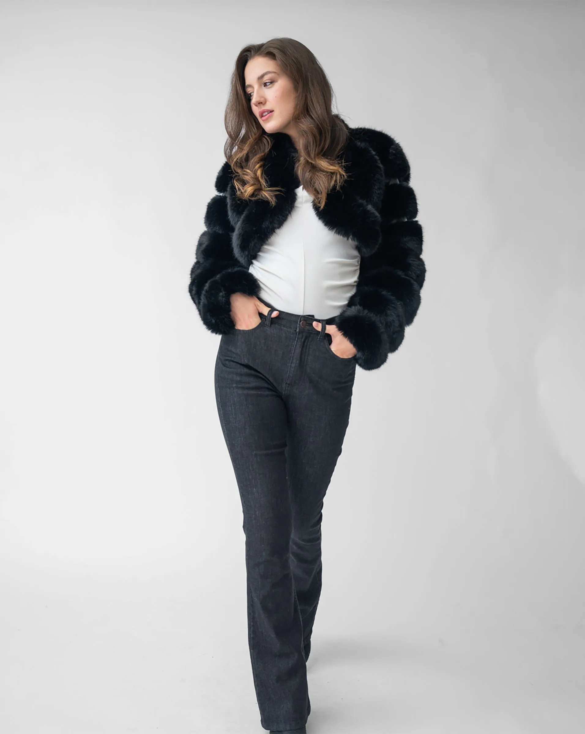 Cropped Channel Quilt Fox Faux Fur Jacket