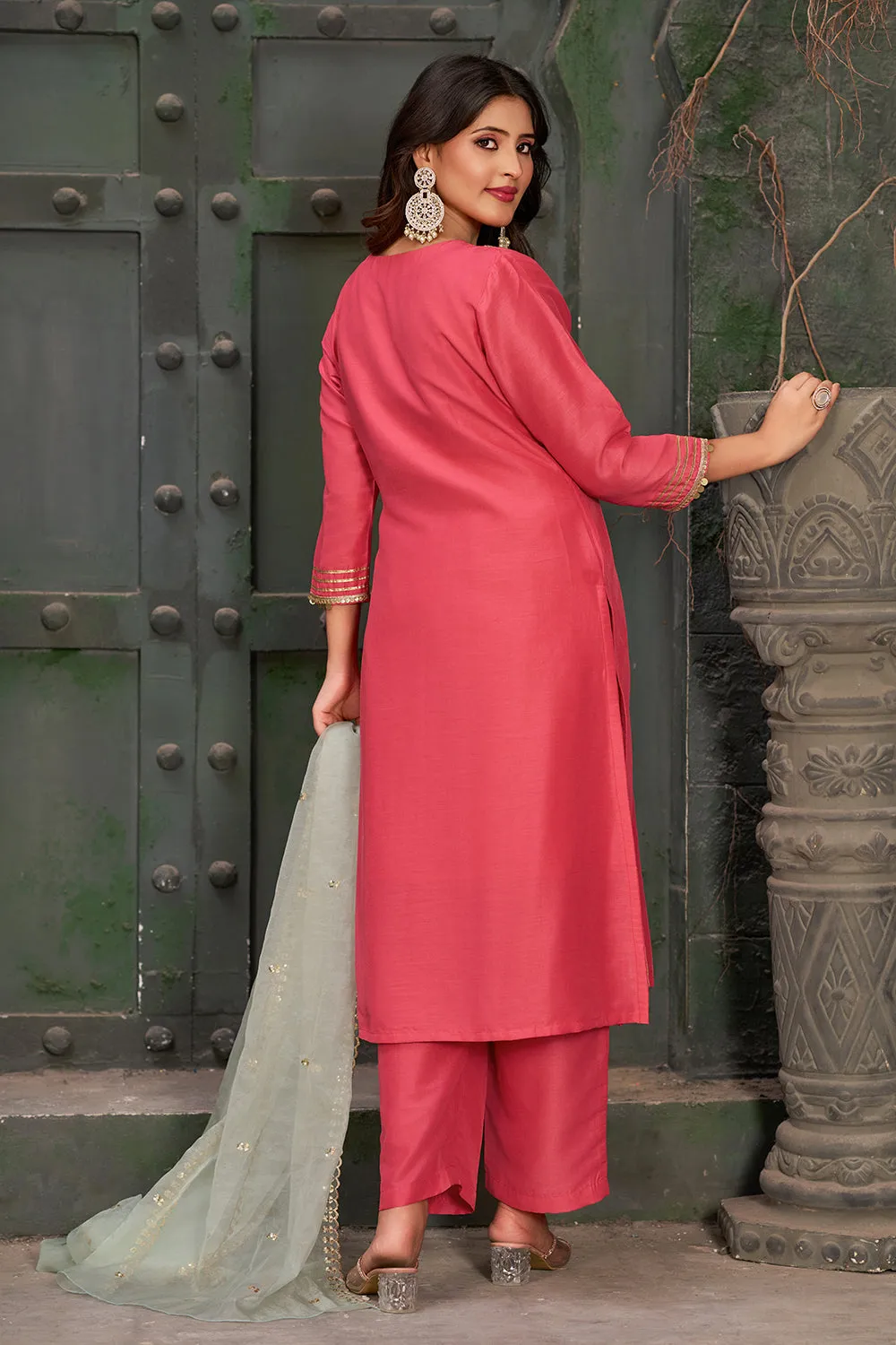 Embroidered Art Silk Rouge Pink Kurta Set with Trousers and Dupatta