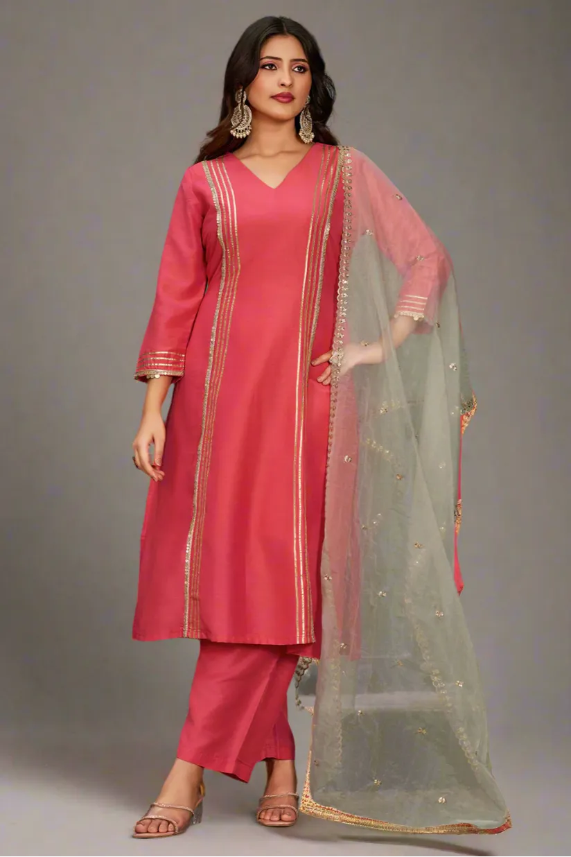 Embroidered Art Silk Rouge Pink Kurta Set with Trousers and Dupatta