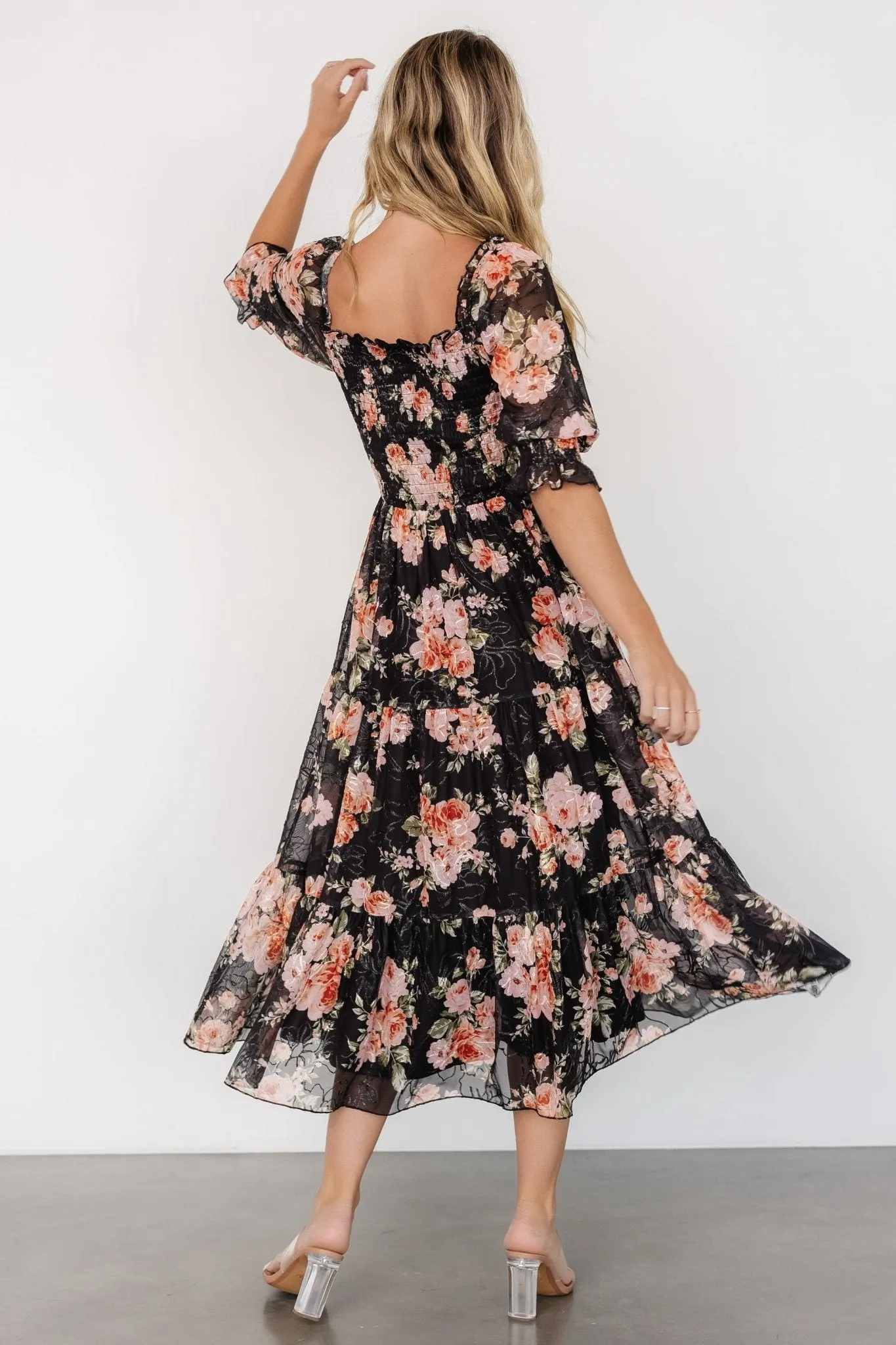 Fabian Jacquard Midi Dress | Peach   Black Floral