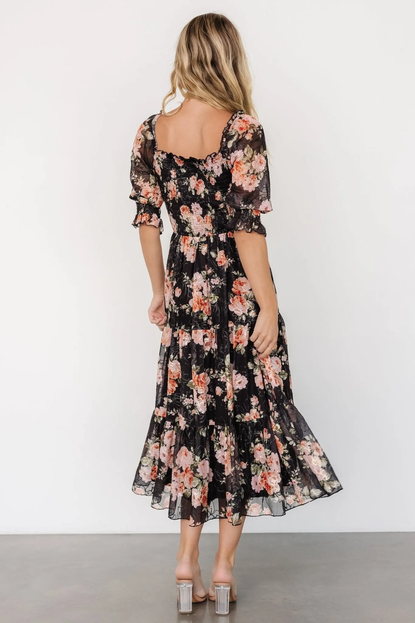 Fabian Jacquard Midi Dress | Peach   Black Floral