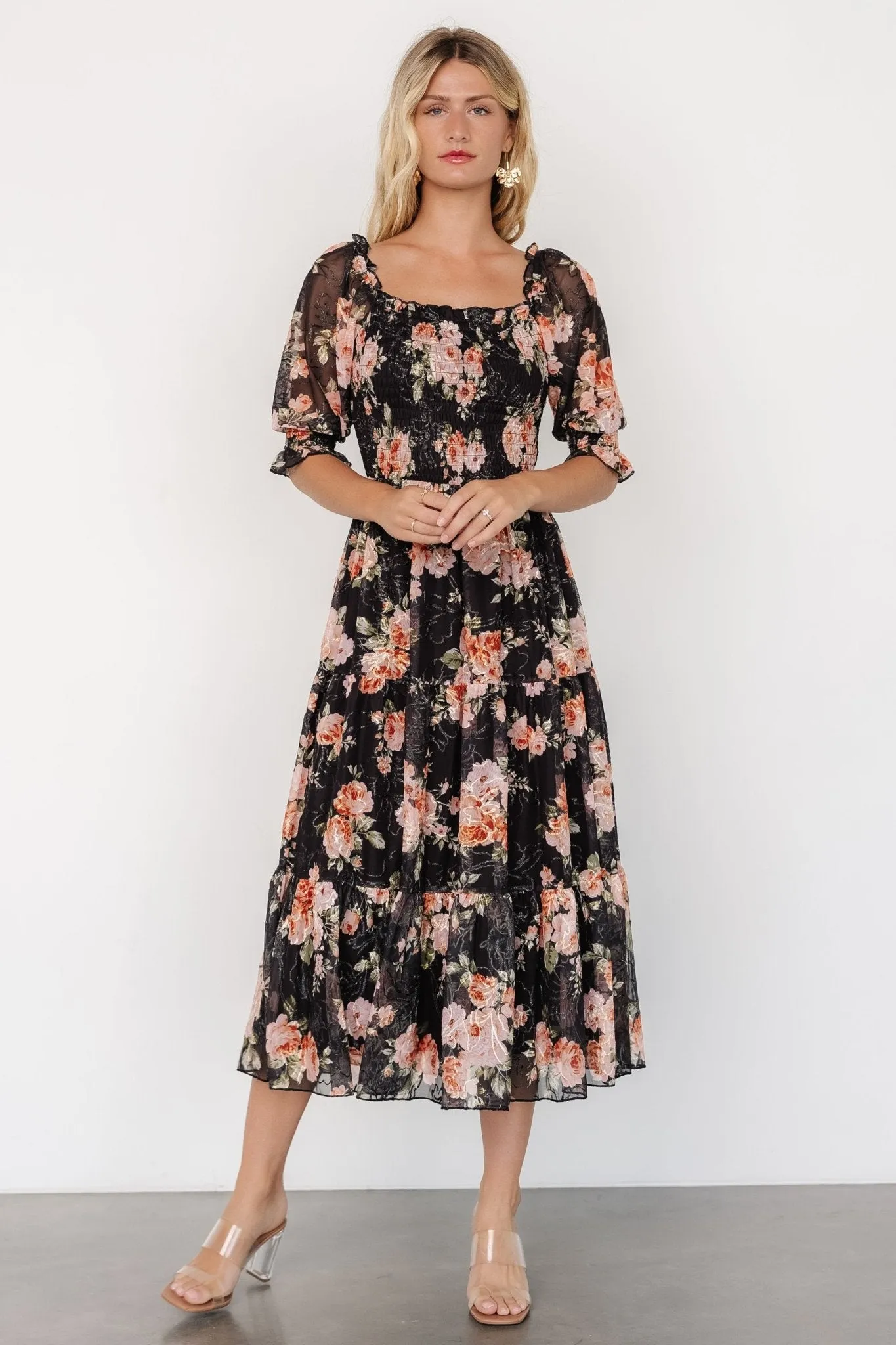 Fabian Jacquard Midi Dress | Peach   Black Floral