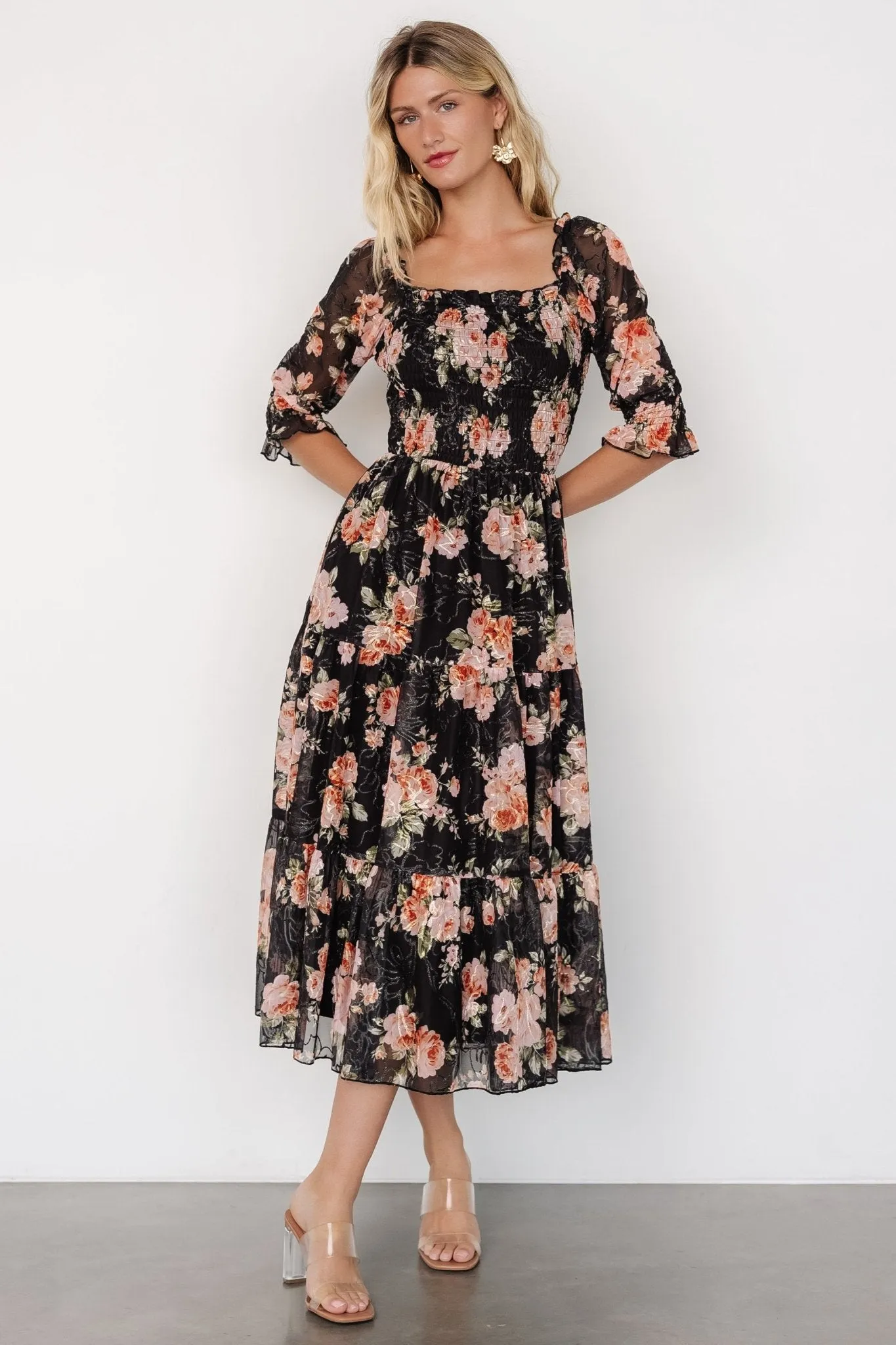 Fabian Jacquard Midi Dress | Peach   Black Floral