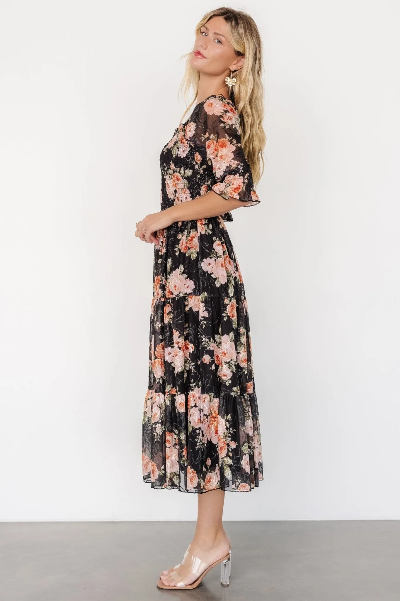 Fabian Jacquard Midi Dress | Peach   Black Floral