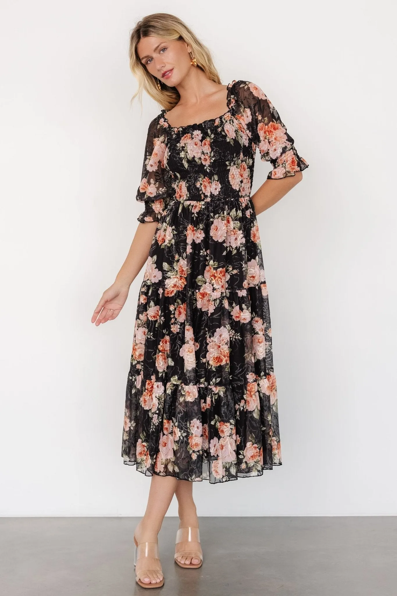 Fabian Jacquard Midi Dress | Peach   Black Floral