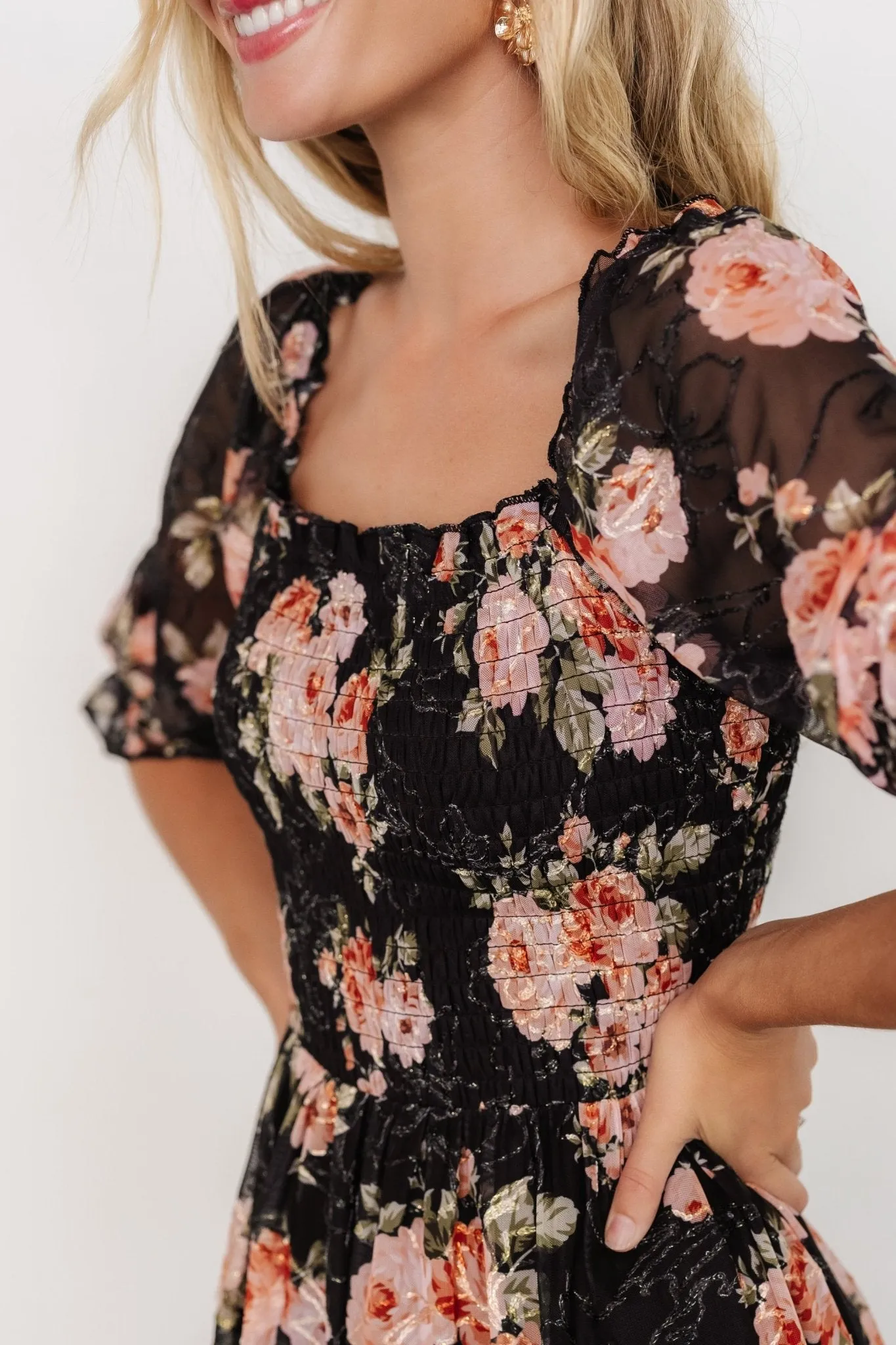 Fabian Jacquard Midi Dress | Peach   Black Floral