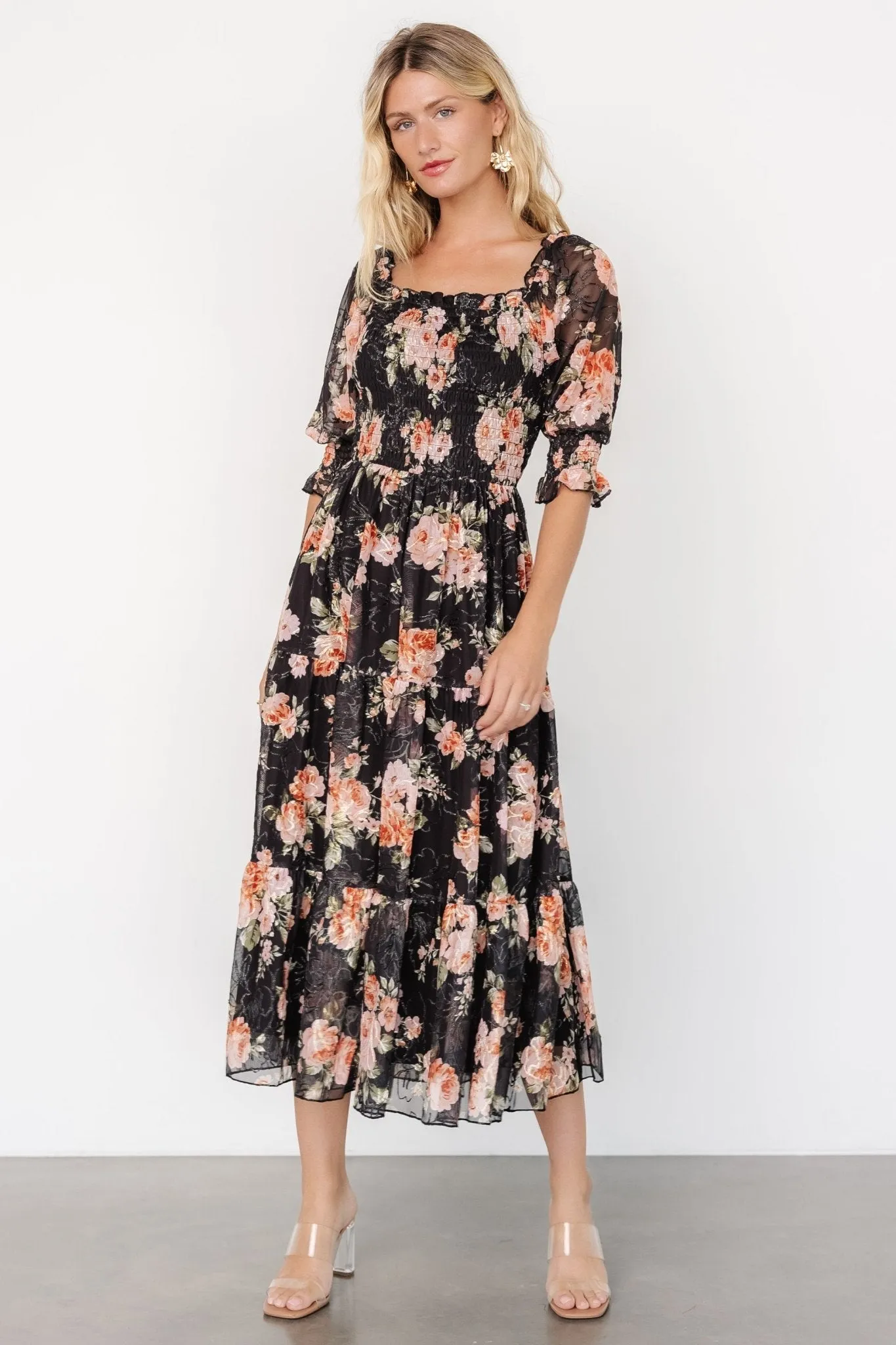 Fabian Jacquard Midi Dress | Peach   Black Floral