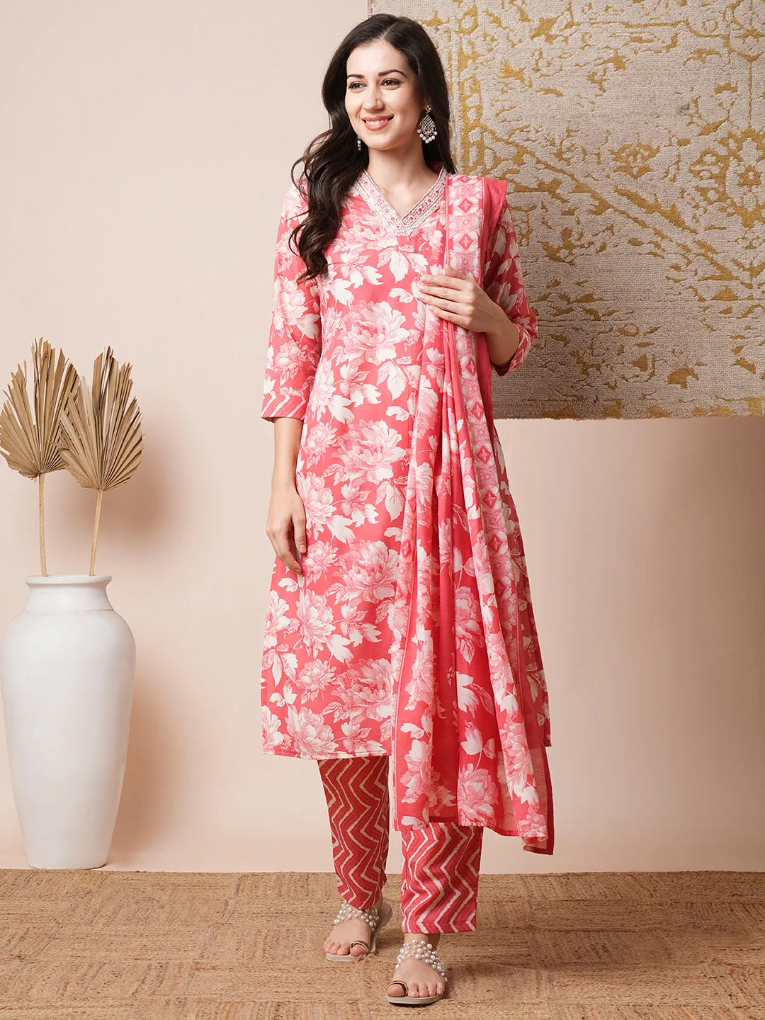 Floral Printed & Embroidered Straight Fit Kurta with Pant and Dupatta - Coral