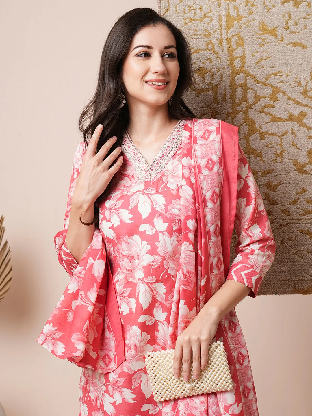 Floral Printed & Embroidered Straight Fit Kurta with Pant and Dupatta - Coral