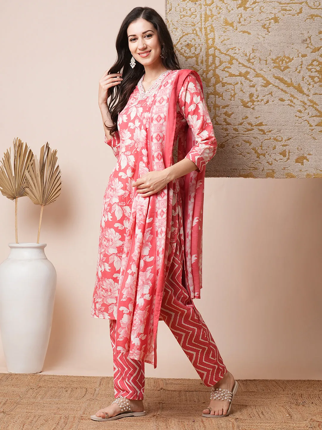 Floral Printed & Embroidered Straight Fit Kurta with Pant and Dupatta - Coral