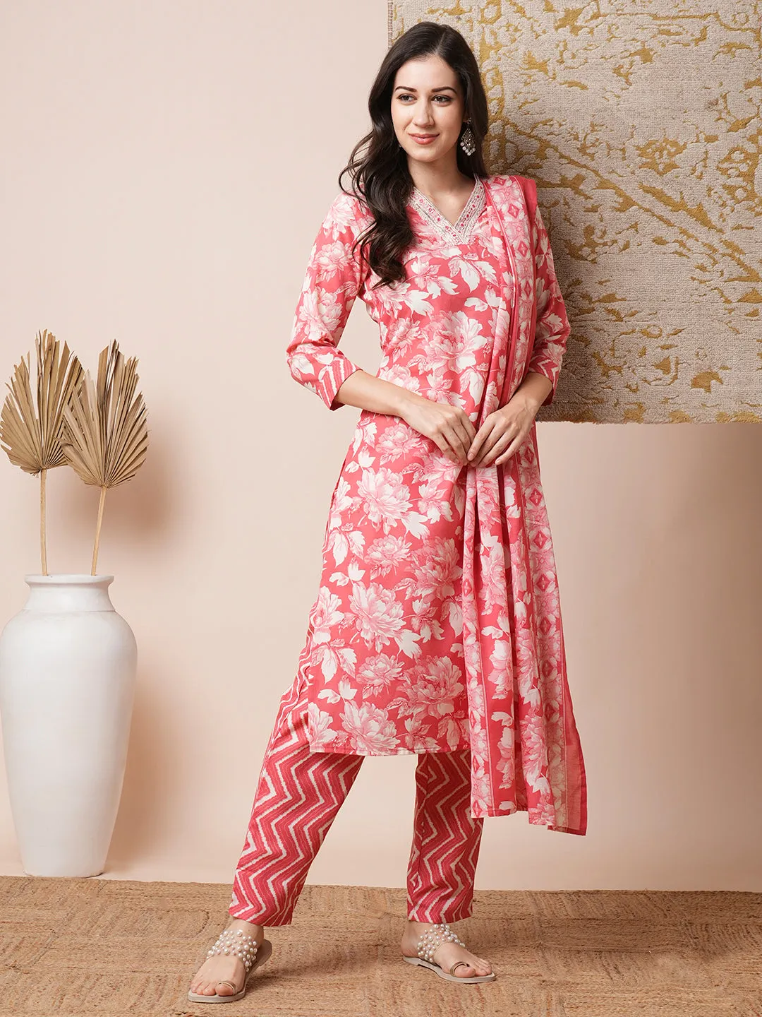 Floral Printed & Embroidered Straight Fit Kurta with Pant and Dupatta - Coral