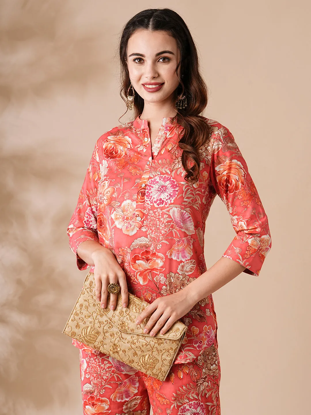 Floral Printed Buttoned Kurti with Pants - Coral