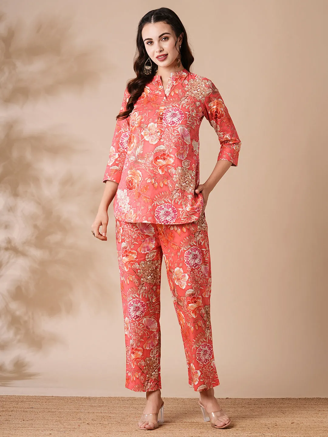 Floral Printed Buttoned Kurti with Pants - Coral