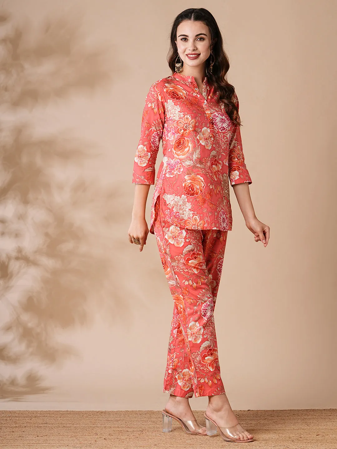 Floral Printed Buttoned Kurti with Pants - Coral