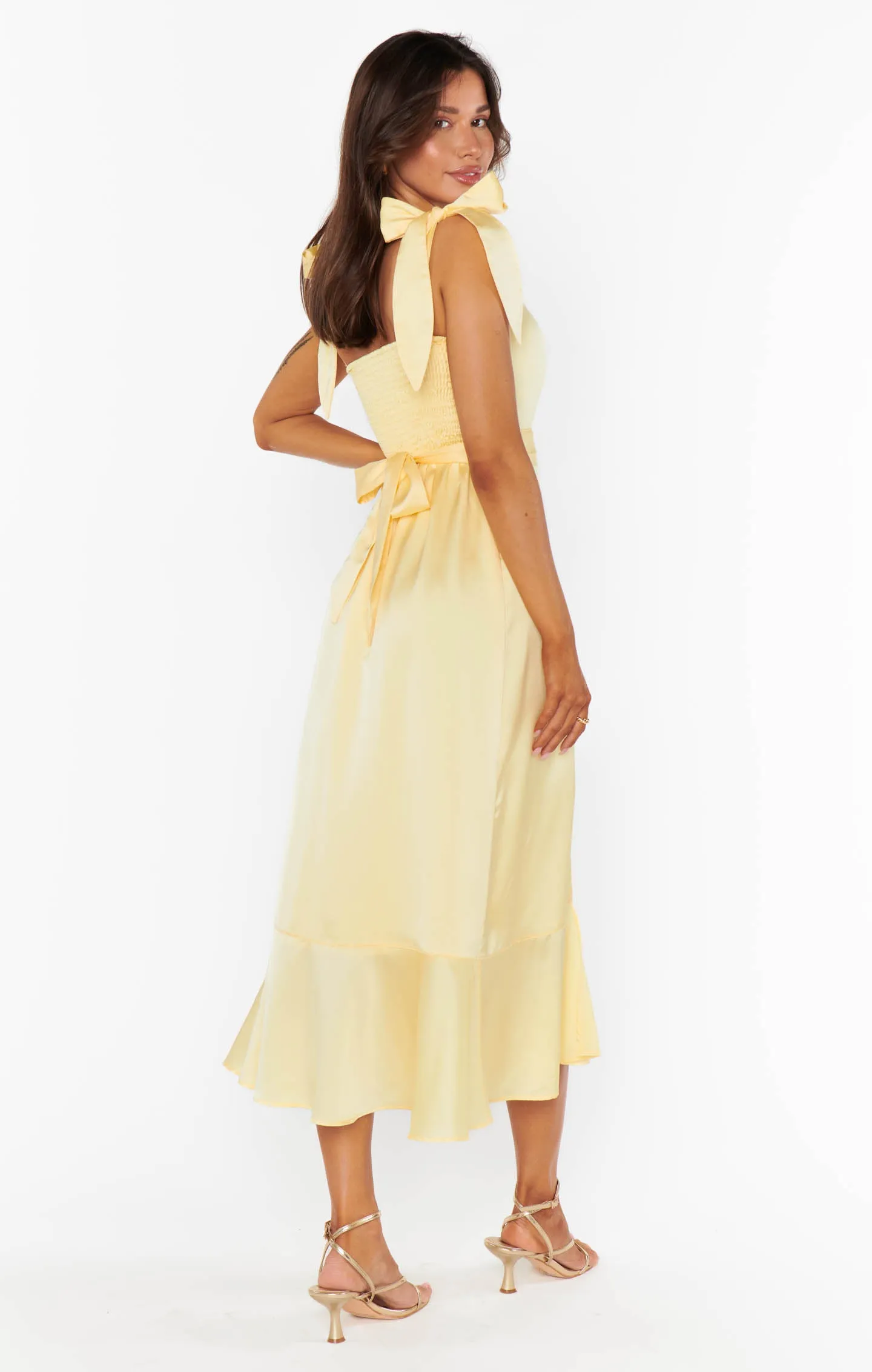 Garden Midi Dress ~ Pale Yellow Luxe Satin