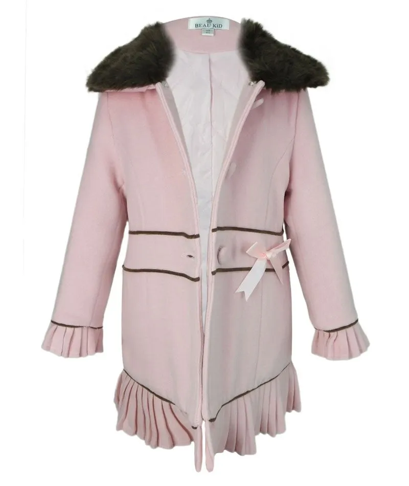 Girls Coat with Detachable Fur Collar and Hat Set - Pink