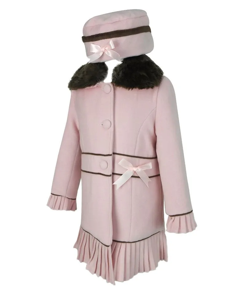 Girls Coat with Detachable Fur Collar and Hat Set - Pink