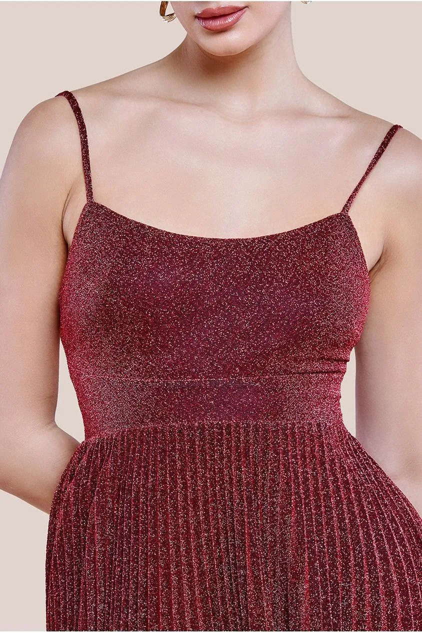 Goddiva Tie Back Pleated Lurex Skater Midi Dress - Burgundy