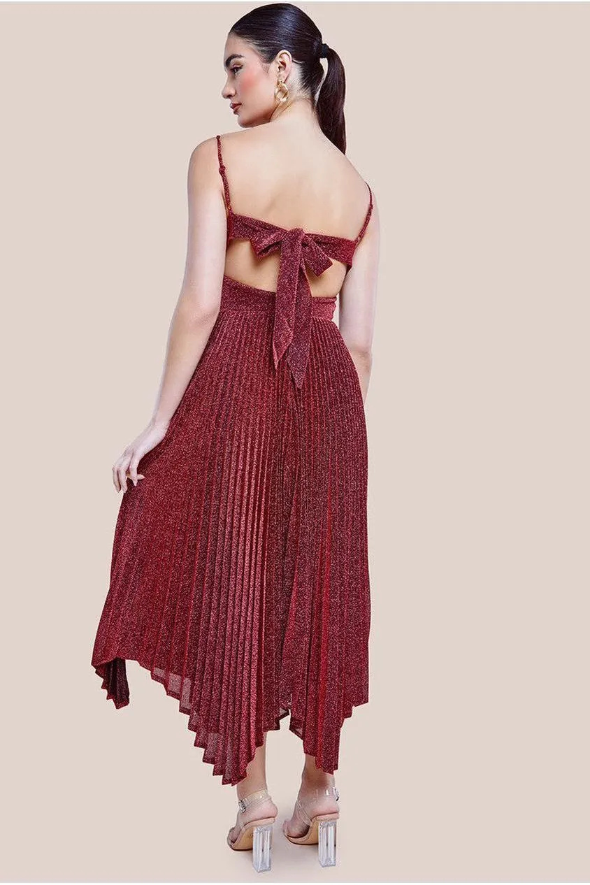 Goddiva Tie Back Pleated Lurex Skater Midi Dress - Burgundy