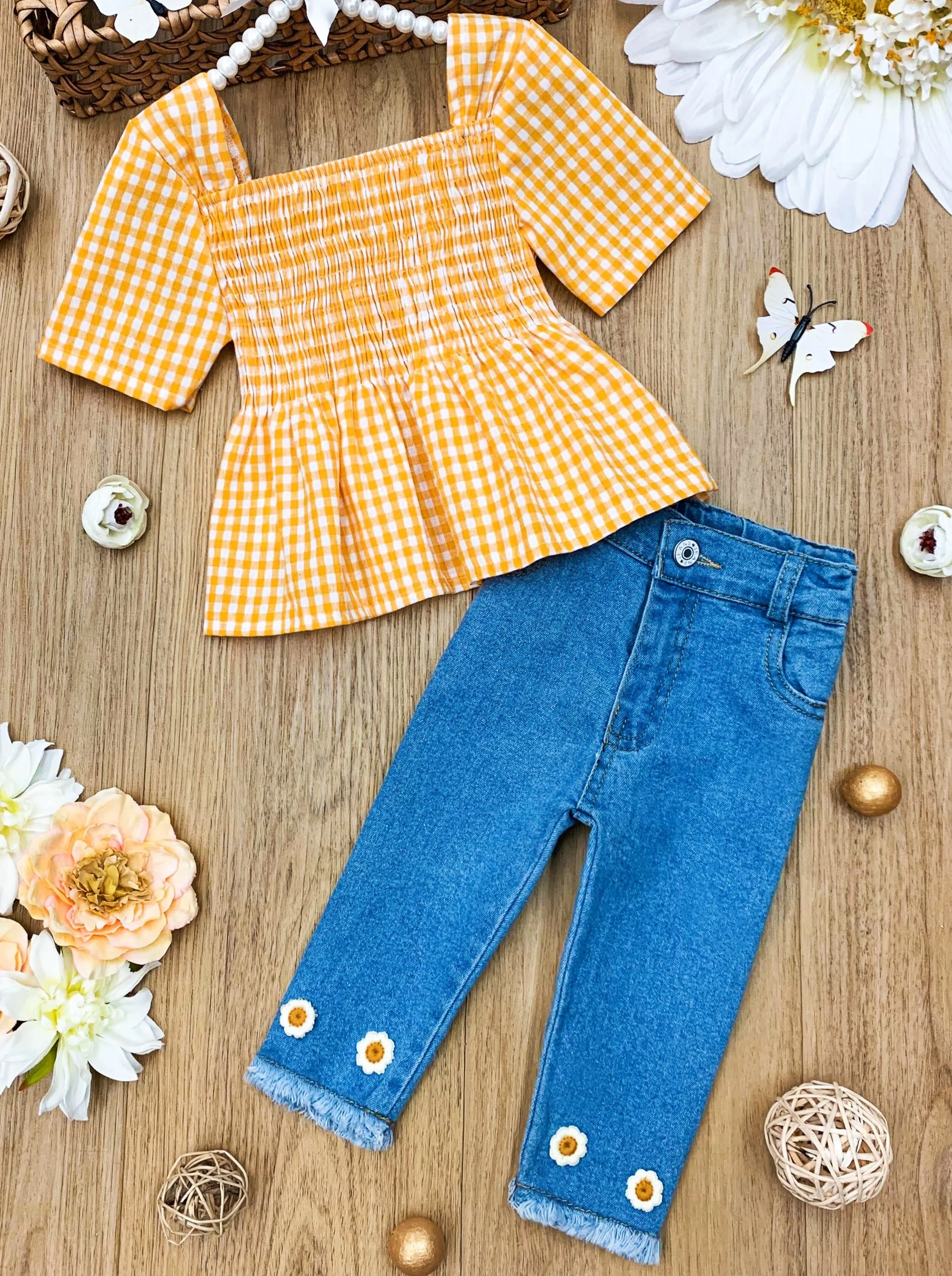 Golden Gingham Tunic And Daisy Denim Set