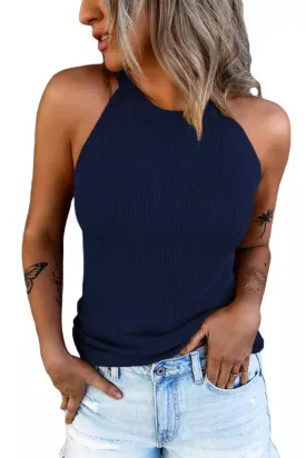 High Crew Neck Solid Rib Knit Tank Top