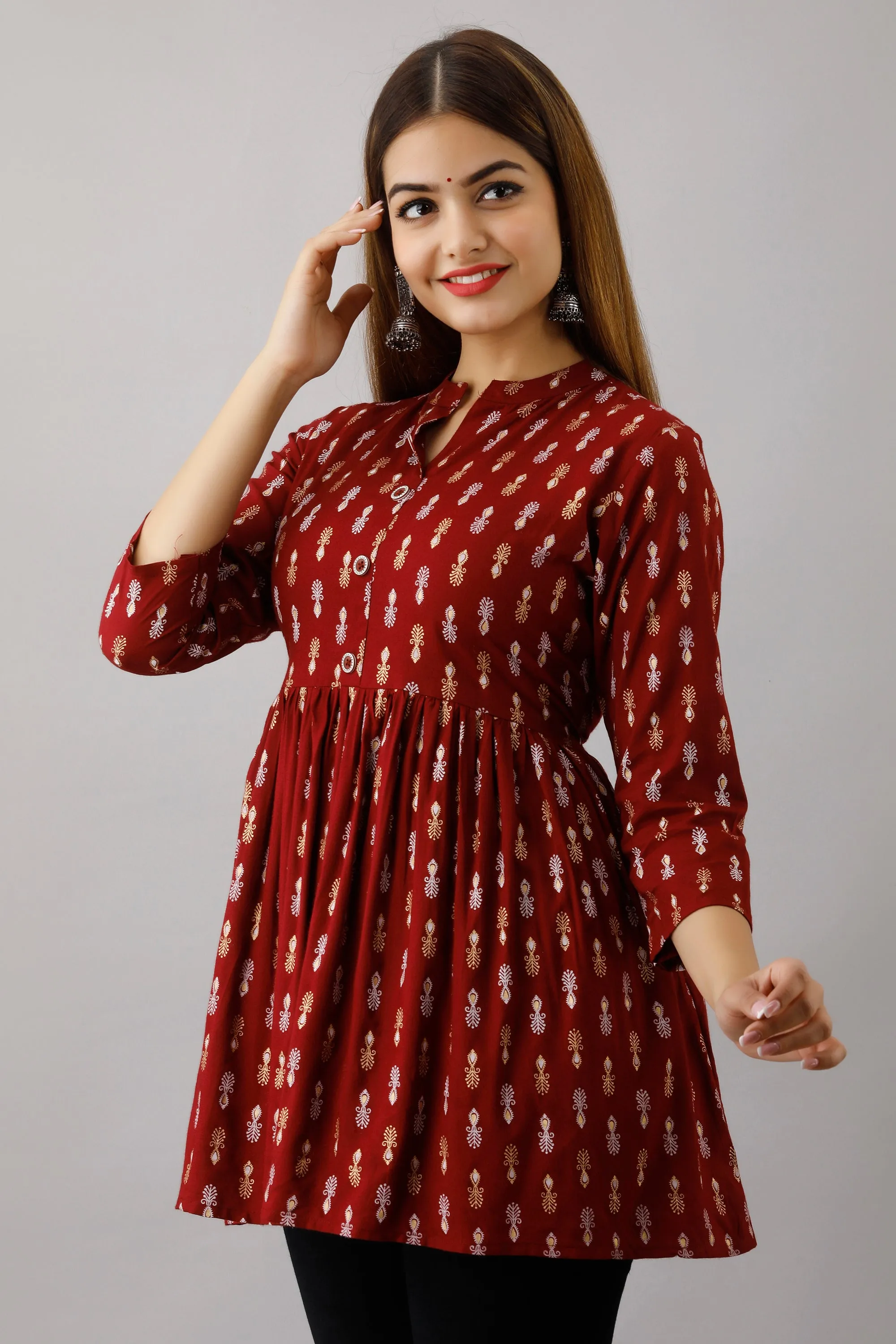 Jaipurite Maroon Printed Tunic in Rayon