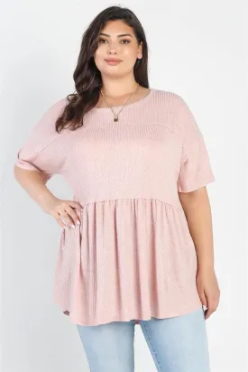 Junior Plus Blush Ribbed Trim Detail Short Sleeve Flare Hem Top /3-2-1