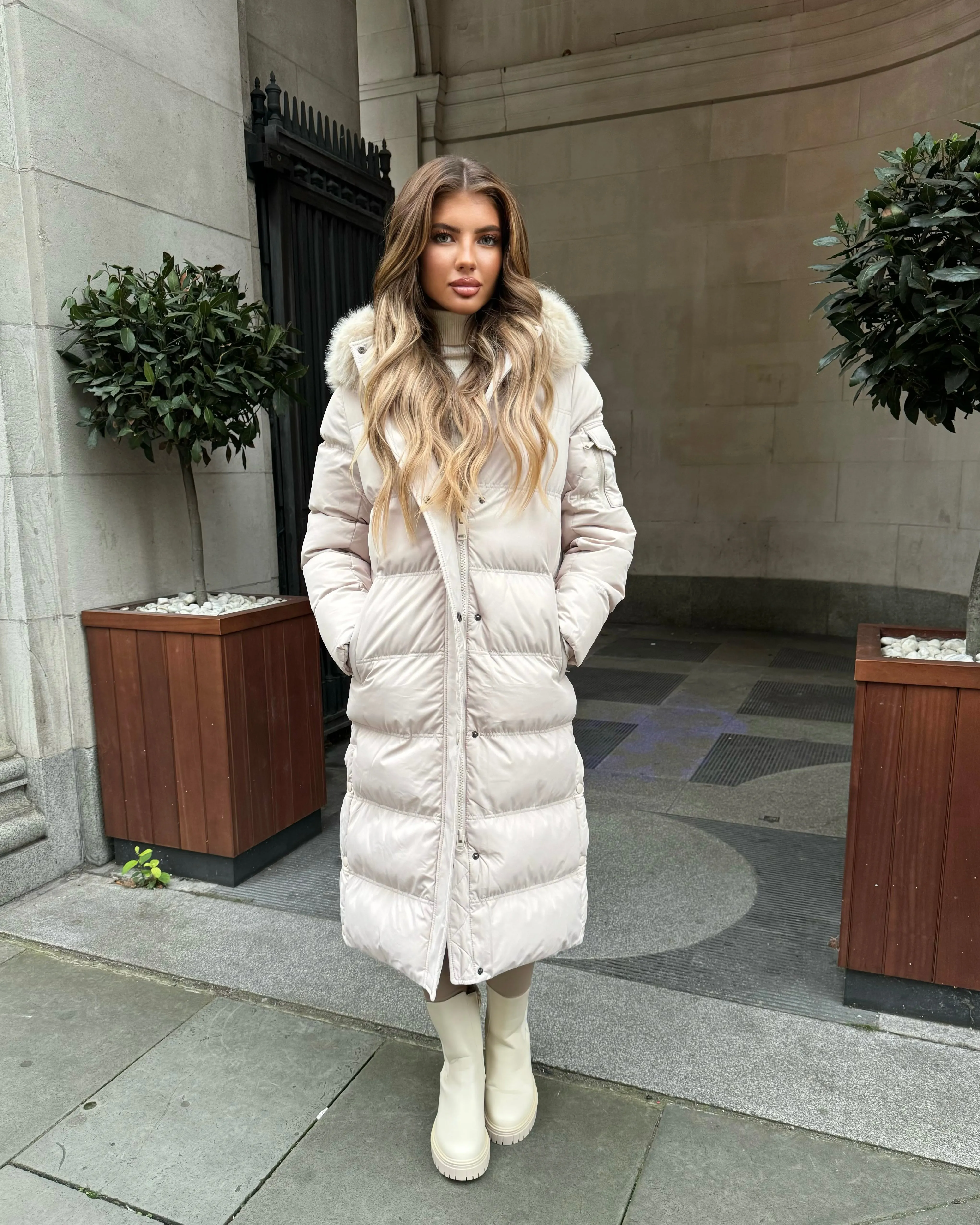 Keke Long Quilted Faux Fur Hood Coat- Beige