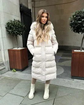 Keke Long Quilted Faux Fur Hood Coat- Beige