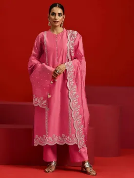 Libas Art Coral Embroidered Chanderi Silk Straight Suit With Dupatta