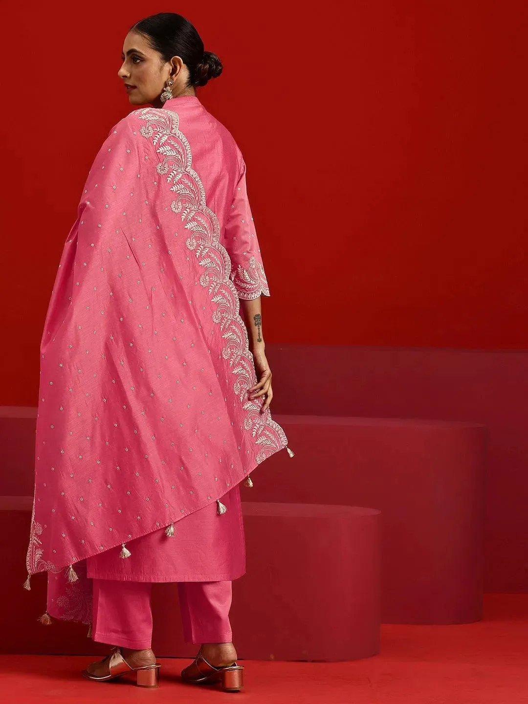 Libas Art Coral Embroidered Chanderi Silk Straight Suit With Dupatta