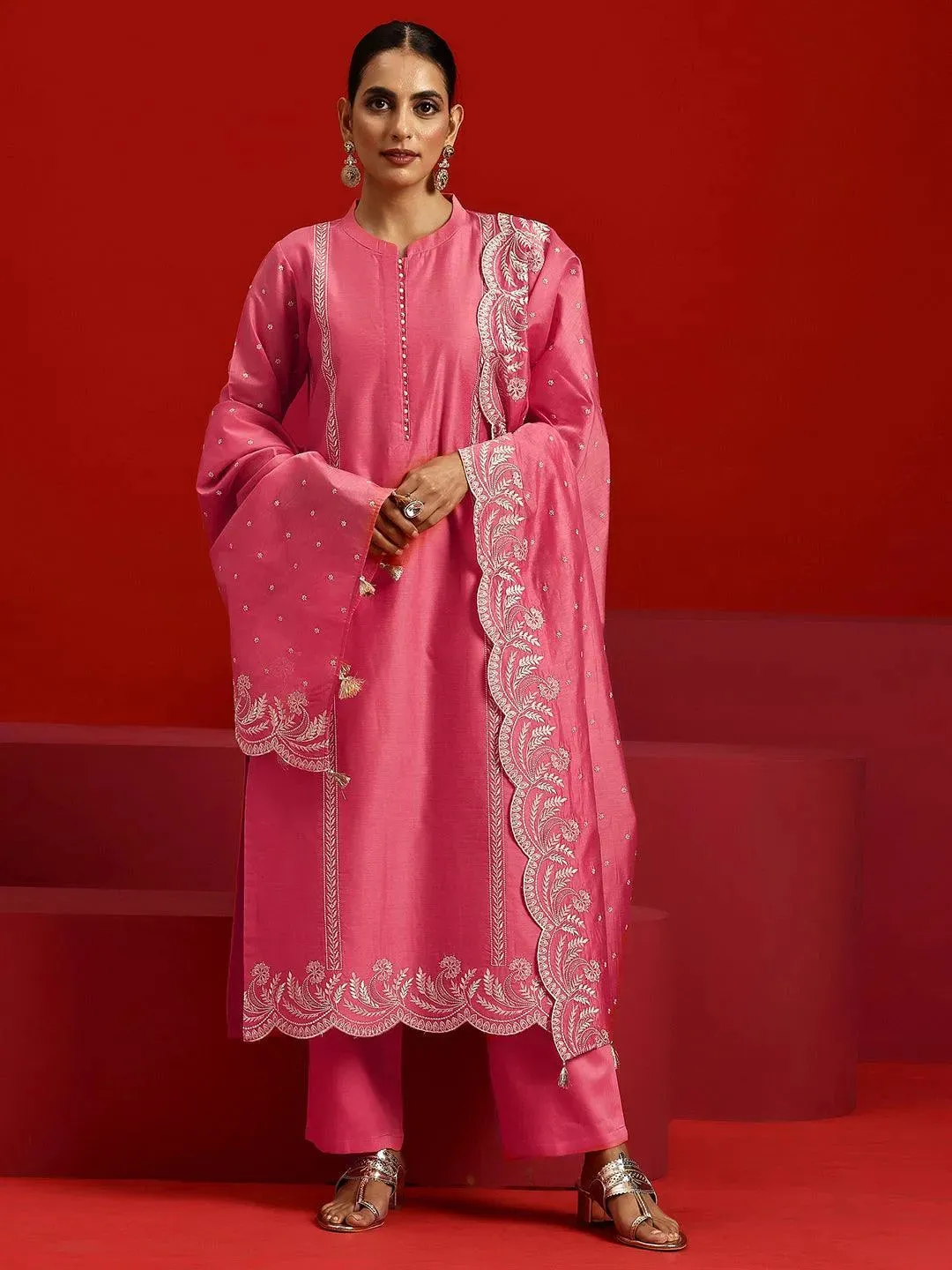 Libas Art Coral Embroidered Chanderi Silk Straight Suit With Dupatta