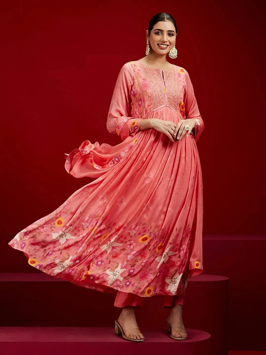 Libas Art Coral Printed Silk Anarkali Suit With Dupatta