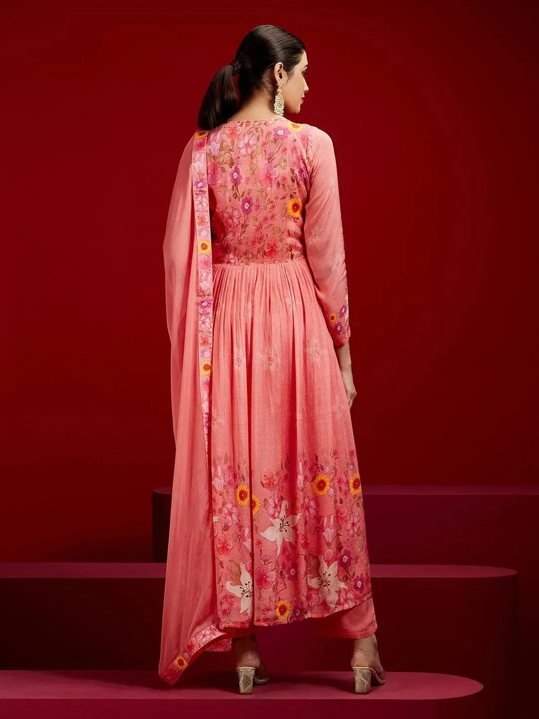 Libas Art Coral Printed Silk Anarkali Suit With Dupatta