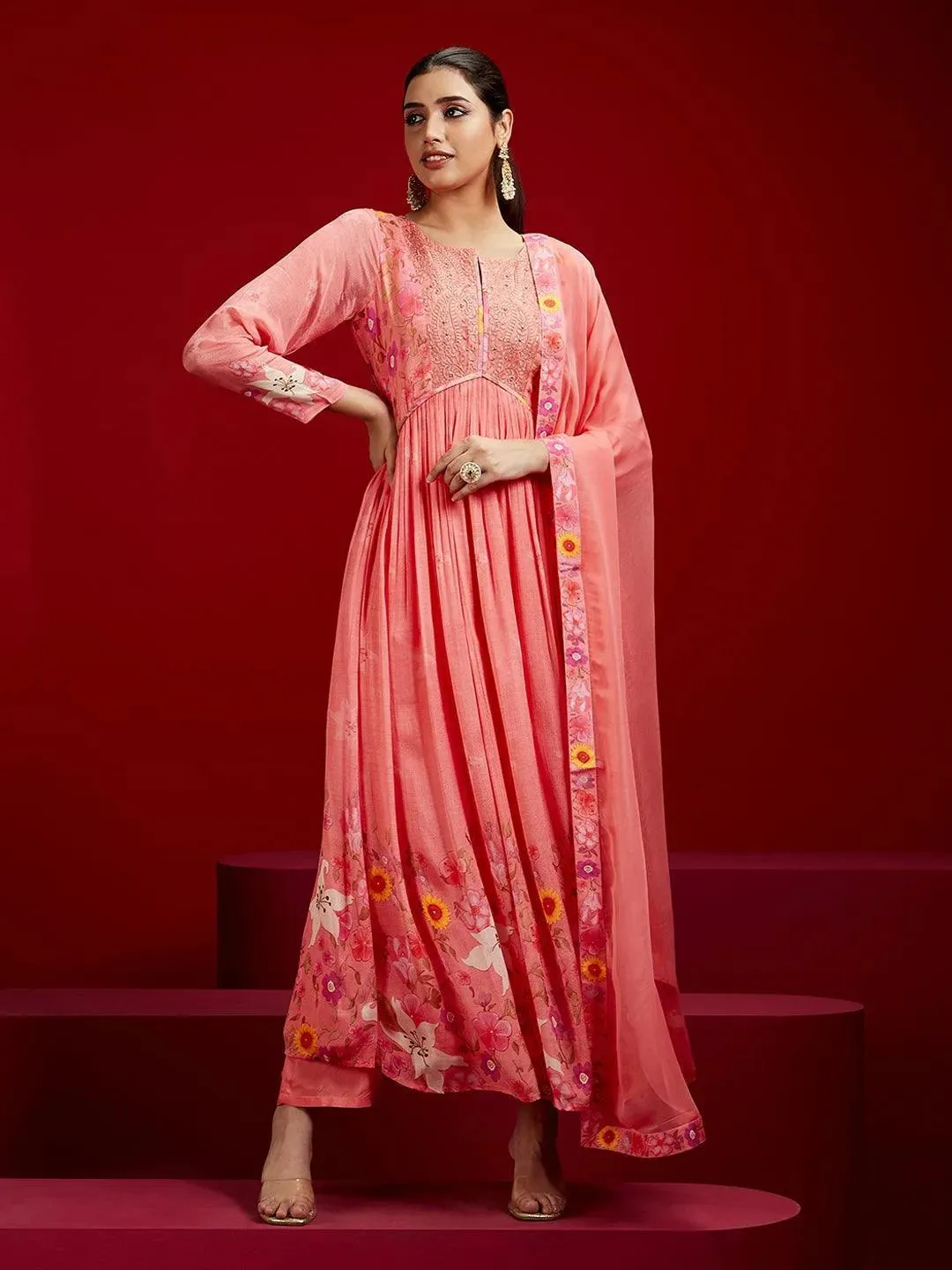 Libas Art Coral Printed Silk Anarkali Suit With Dupatta