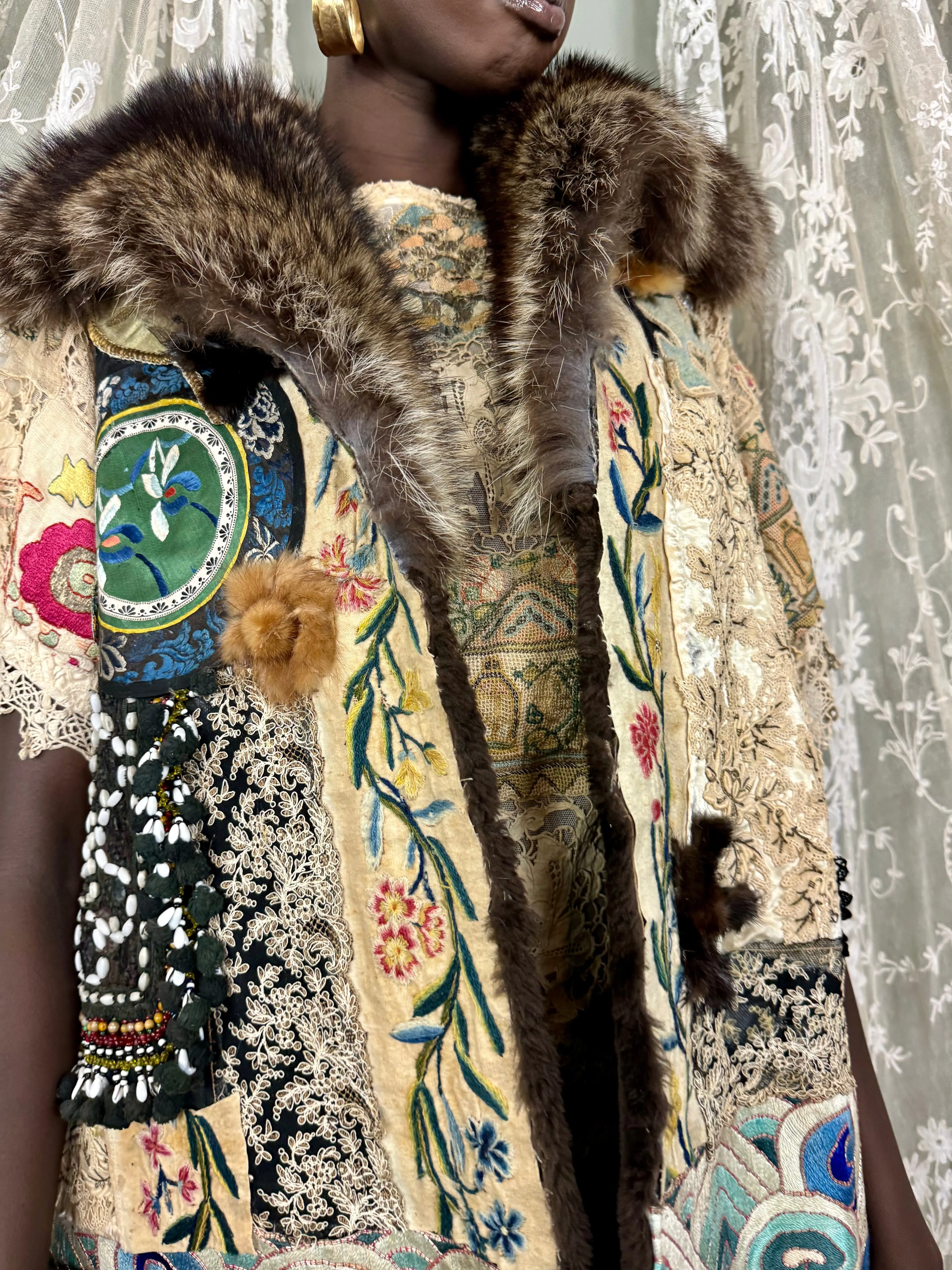 Miel, vintage fur lined patchwork long gilet