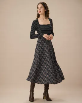 Navy Plaid Flared Midi Skirt