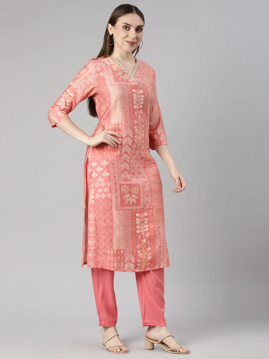 Neerus Coral Panelled Straight Bandhani Kurta And  Trousers With Dupatta