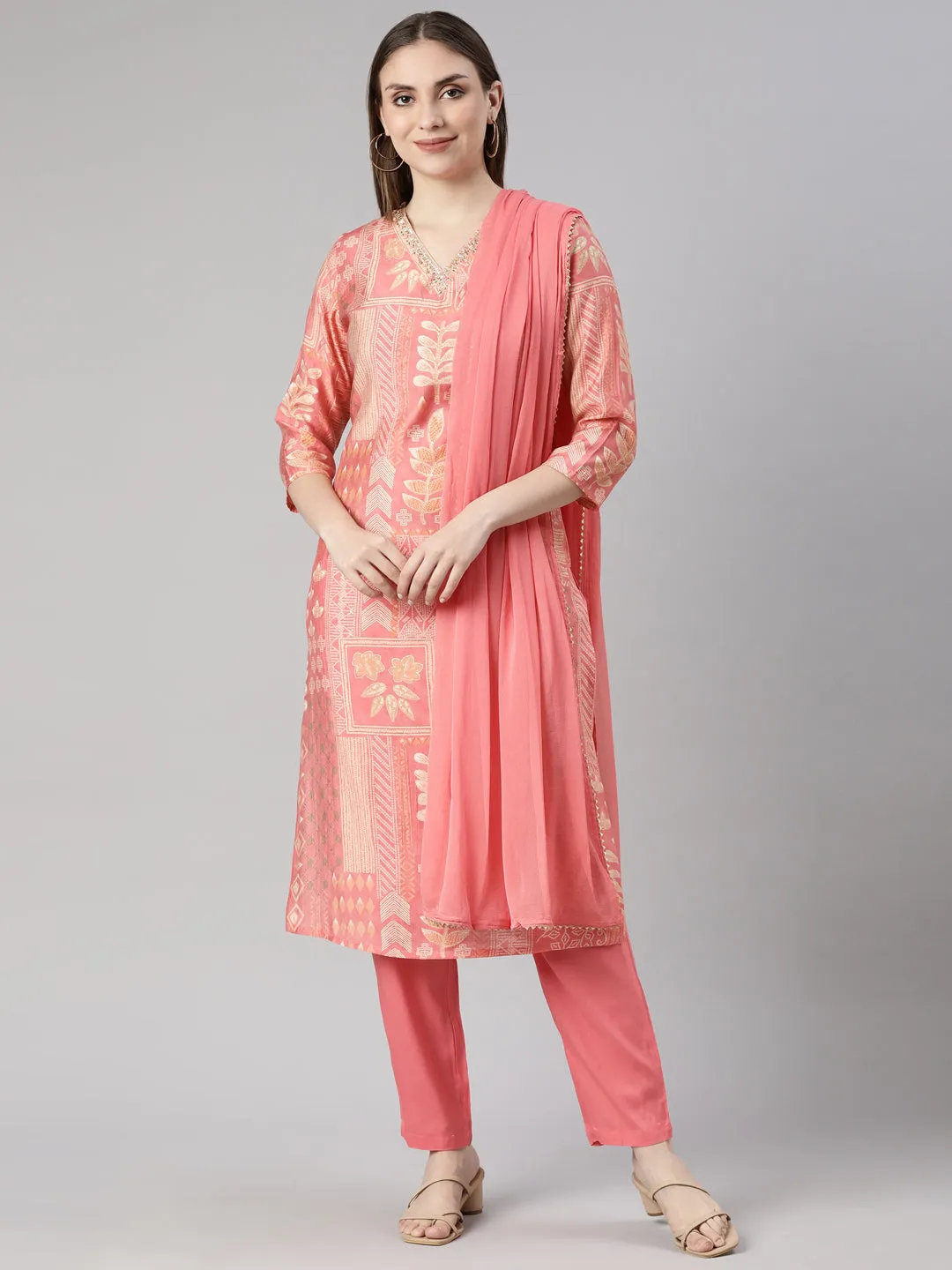 Neerus Coral Panelled Straight Bandhani Kurta And  Trousers With Dupatta