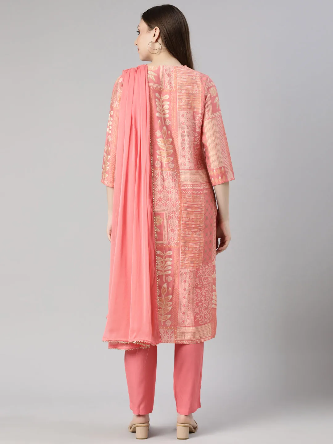 Neerus Coral Panelled Straight Bandhani Kurta And  Trousers With Dupatta