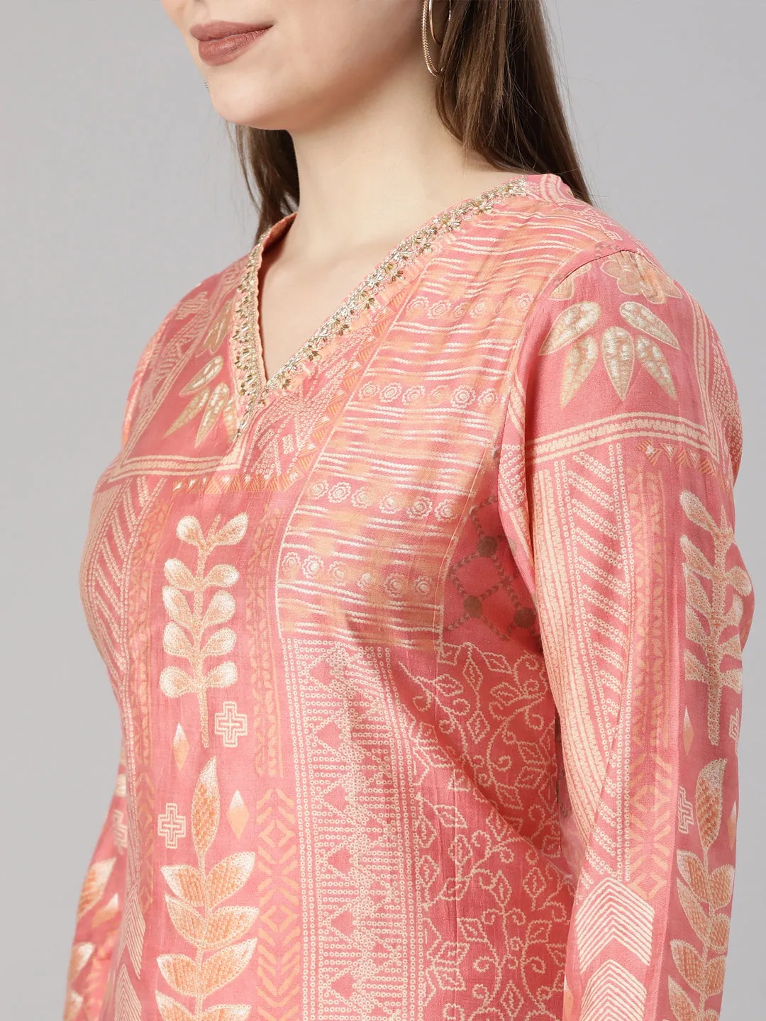 Neerus Coral Panelled Straight Bandhani Kurta And  Trousers With Dupatta