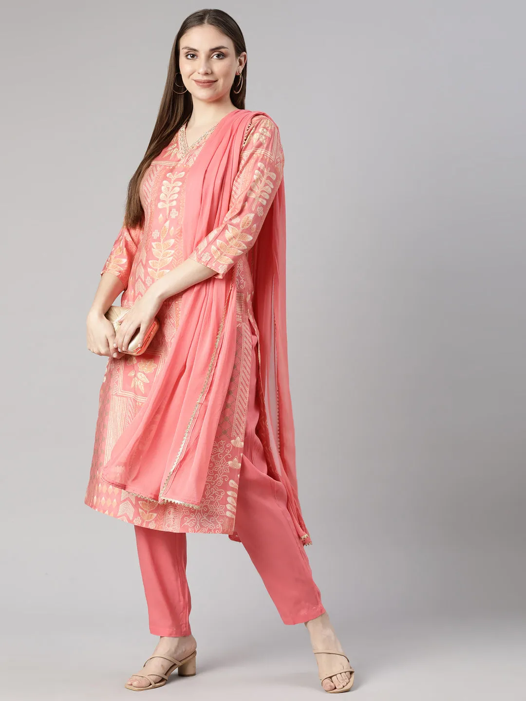 Neerus Coral Panelled Straight Bandhani Kurta And  Trousers With Dupatta