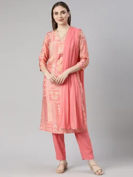 Neerus Coral Panelled Straight Bandhani Kurta And  Trousers With Dupatta