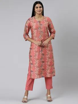 Neeru's Coral Regular Calf Length Printed Kurta Solid Trousers