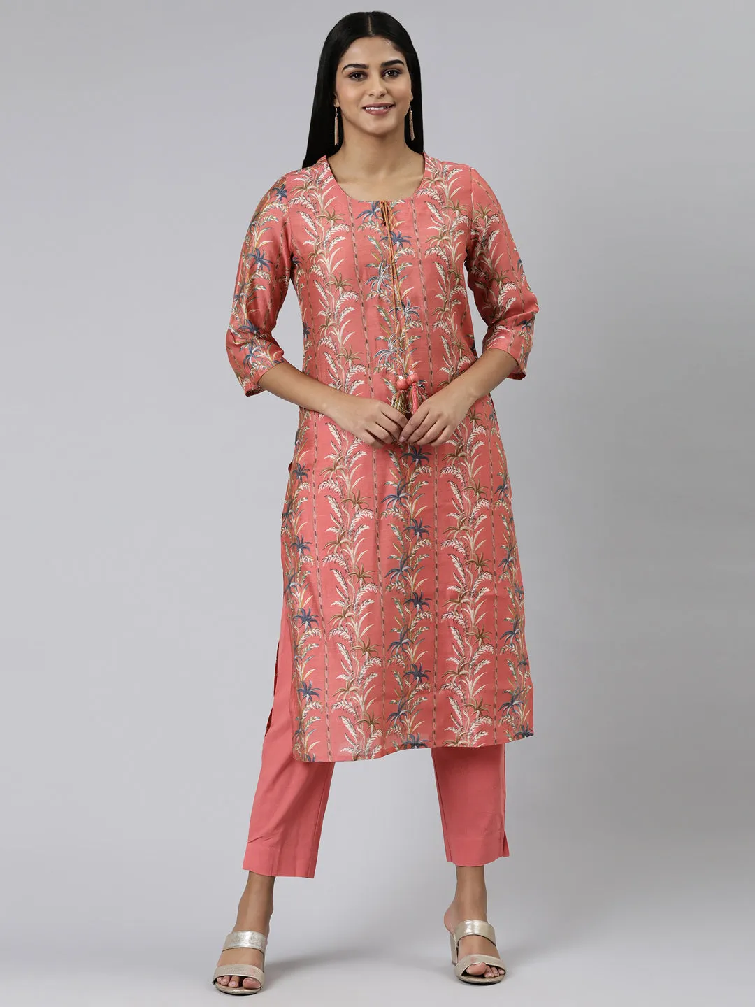 Neeru's Coral Regular Calf Length Printed Kurta Solid Trousers