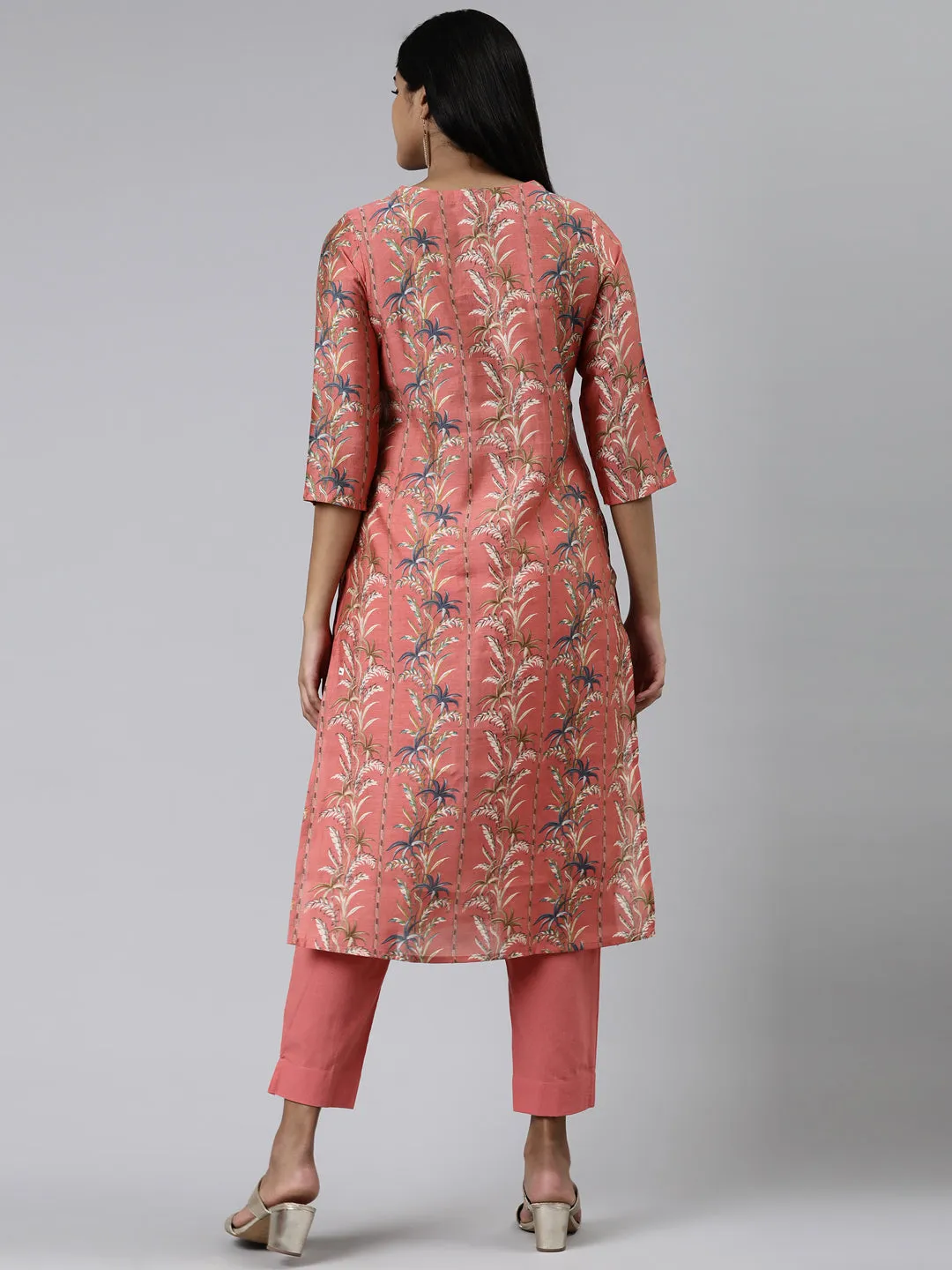 Neeru's Coral Regular Calf Length Printed Kurta Solid Trousers