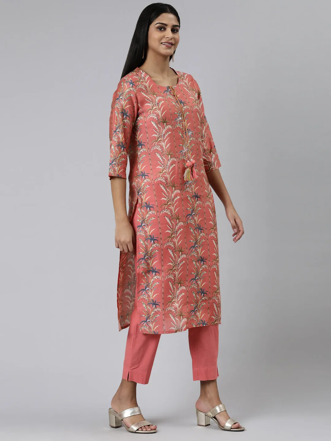 Neeru's Coral Regular Calf Length Printed Kurta Solid Trousers