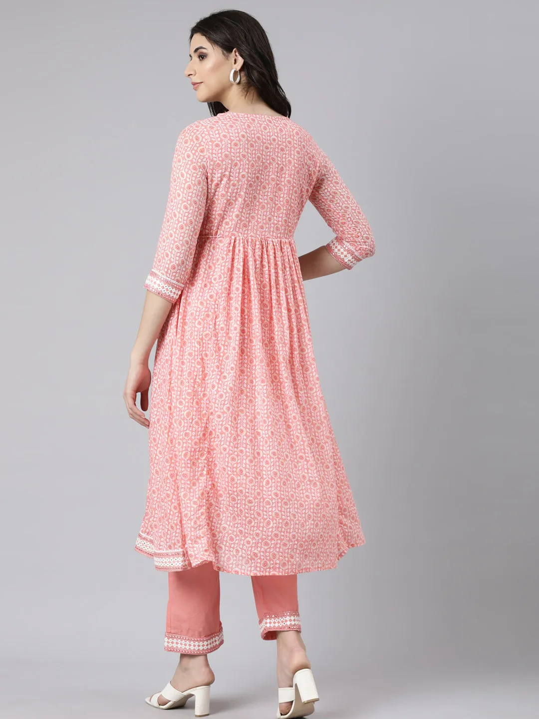 Neerus Coral Regular Flared Floral Kurta And  Trousers With Dupatta