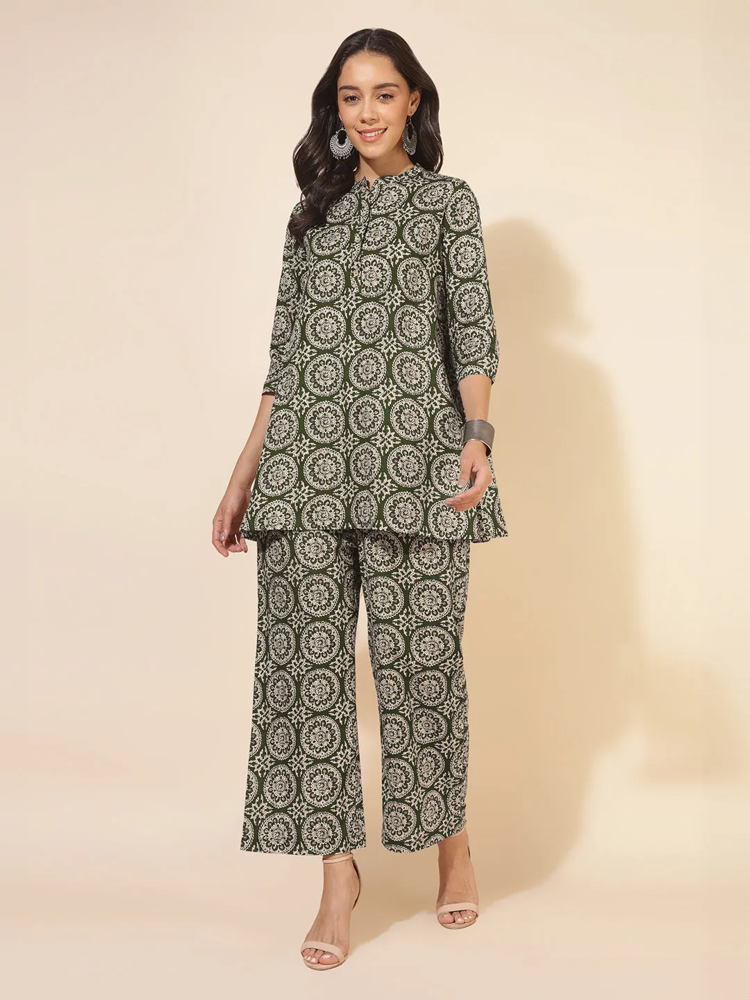 Olive Green Pure Cotton Ethnic Motifs Printed A-Line Co-Ord Set